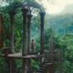 a white woman with dark curly hair standing in a beautiful architectural structure in a forest