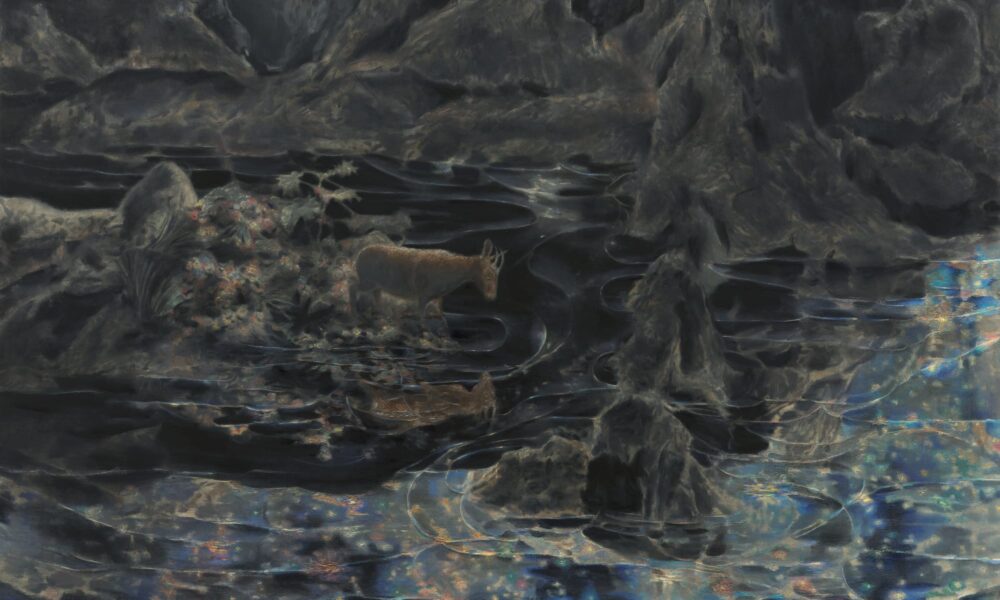 a mixed-media work by Marin Majic of a glimmering pond with a deer looking at its reflection at night