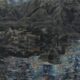 a mixed-media work by Marin Majic of a glimmering pond with a deer looking at its reflection at night