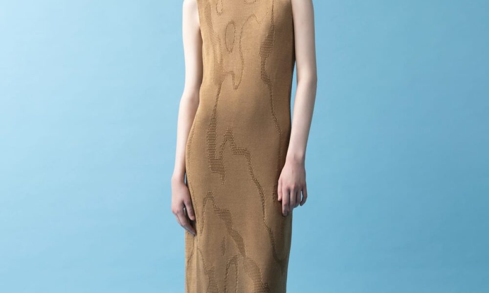 a model in a brown A-line dress against a blue background