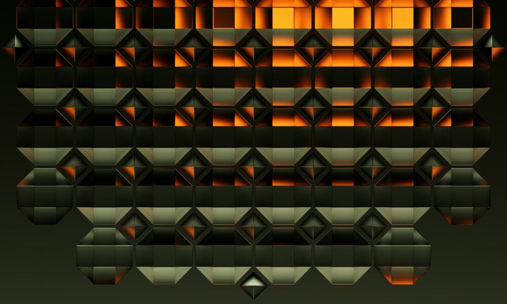 Abstract geometric pattern with glowing orange and dark metallic shapes.