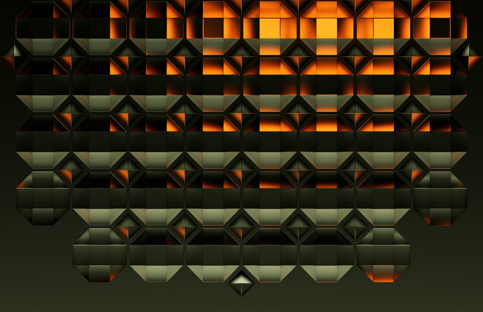 Abstract geometric pattern with glowing orange and dark metallic shapes.